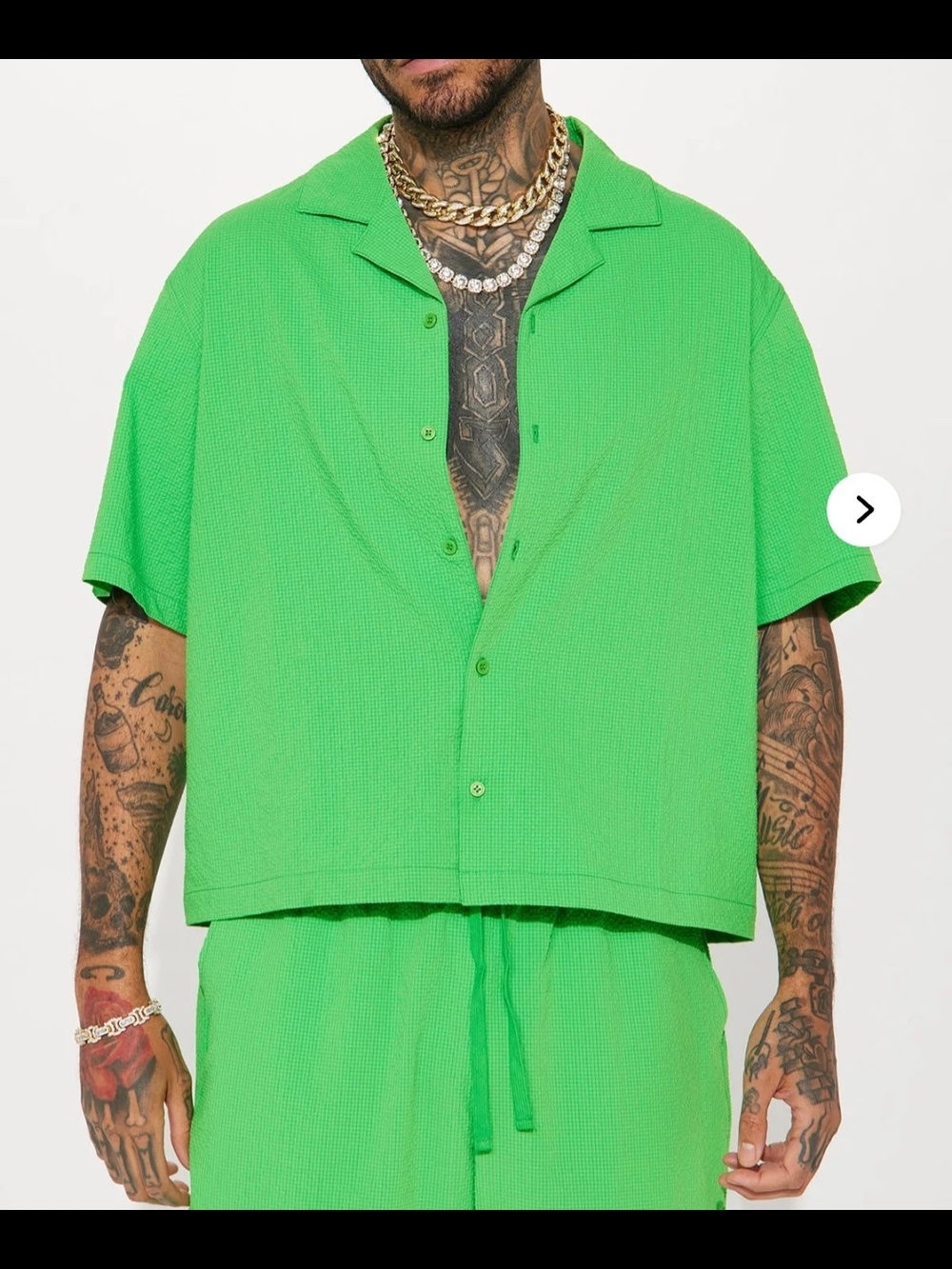 Fashion Nova Men's Neon Green Short Sleeve Camp Collar Button Shirt